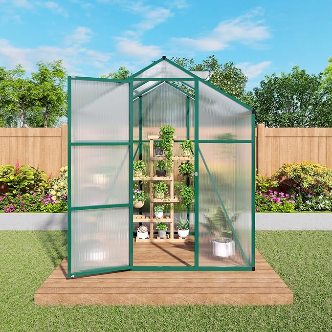KEIKI 6x4 FT Polycarbonate Greenhouse for Outdoors, Heavy-Duty Aluminum Walk-in Greenhouse with Raised Base, Roof Vent & Drainage System, All-Season Garden Greenhouse, Green