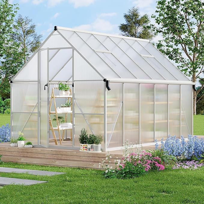 Polycarbonate Greenhouse for Outdoors, Large Walk-InGreenhouse with Quick Setup Structure and Roof Vent, Greenhouse with Ventilation