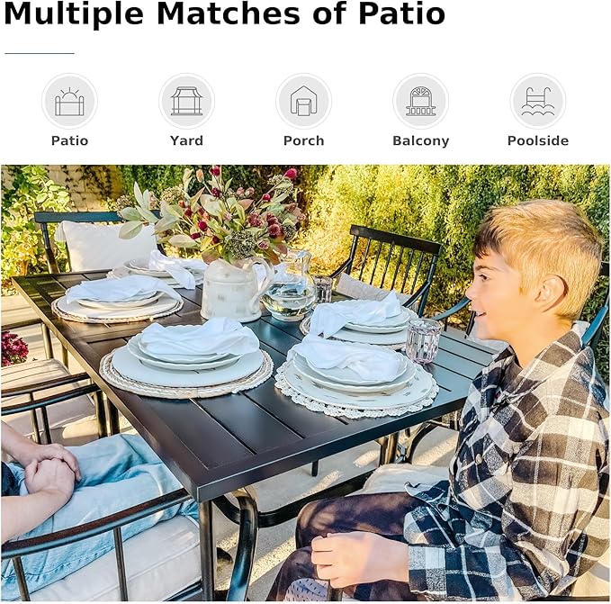 MFSTUDIO 7 PCS Patio Dining Set with Rectangular Metal Table and 4 Pieces Padded Extra Large Sling Chairs and 2 Swivel Chairs, Umbrella Hole, Outdoor Furniture for 6