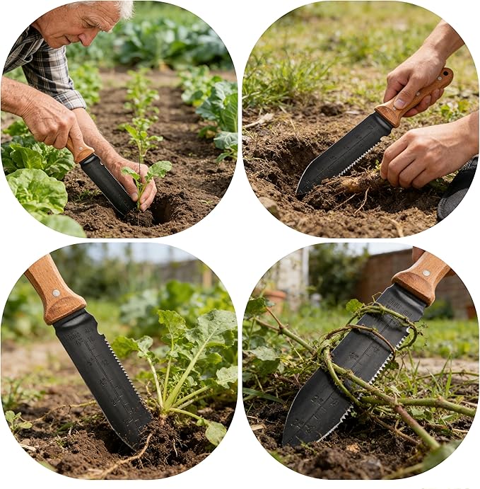 Hori Hori Garden Knife -Stainless Steel Blade with Oxford Sheath, Multi-Purpose Gardening Tool for Weeding, Digging, Planting, Cutting, Ergonomic Wooden Handle with Hanging Hole Gardening Hand Tools