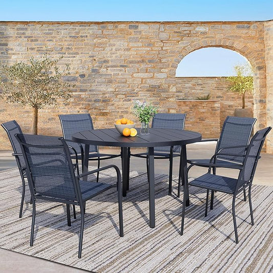 7 Pieces Patio Dining Set for 6, Dark Blue Patio Stackable Chairs and Black Round Table Set of 6, Outdoor Furniture Set with Sling Support for Outside, Garden