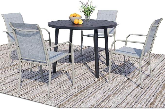 5 Pieces Patio Dining Set for 4, Beige Blue Patio Stackable Chairs and Black Round Table Set of 4, Outdoor Furniture Set with Sling Support for Outside, Garden