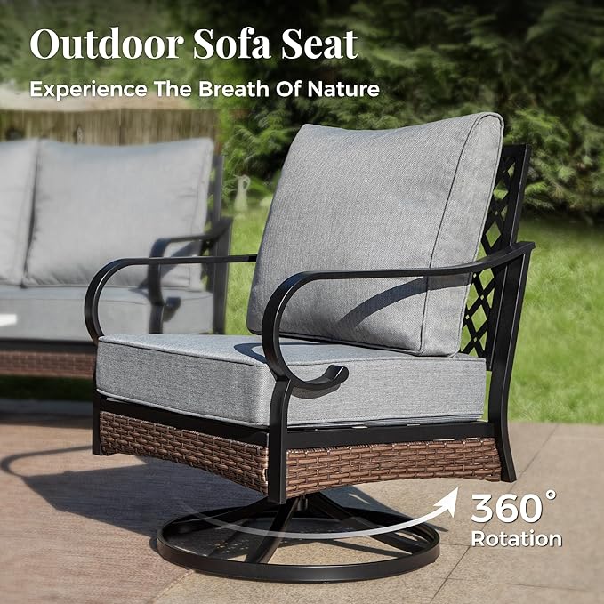 Patio Furniture Set with Firepit Table, Black Frame Outdoor Conversation Set with 2 x Swivel Chairs, 1 x 2-Seat Sofa, 1 x 3-Seat Sofa for Lawn Garden Backyard, Grey