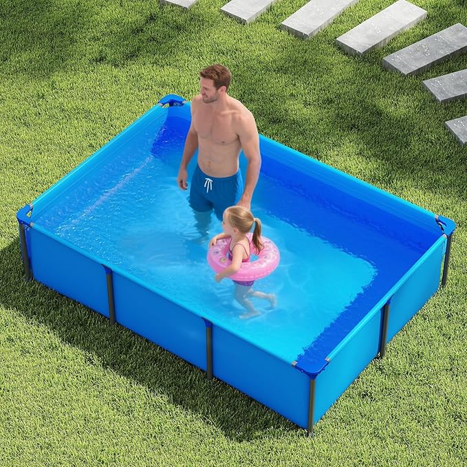 GYMAX 8.5' x 6' x 26" Metal Frame Above Ground Swimming Pool, Outdoor Backyard Famliy Pool w/Puncture-Resistant Fabric, Drainage Valve Connector for Kids & Adults (8.5' x 6' x 26", Rectangle, Blue)