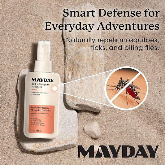 MAYDAY Tick & Mosquito Repellent – Deet-Free with Essential Oils – Geranium, Lemongrass & Rosemary – 3.4 oz (100 ml) – Mosquito and Tick Repellent