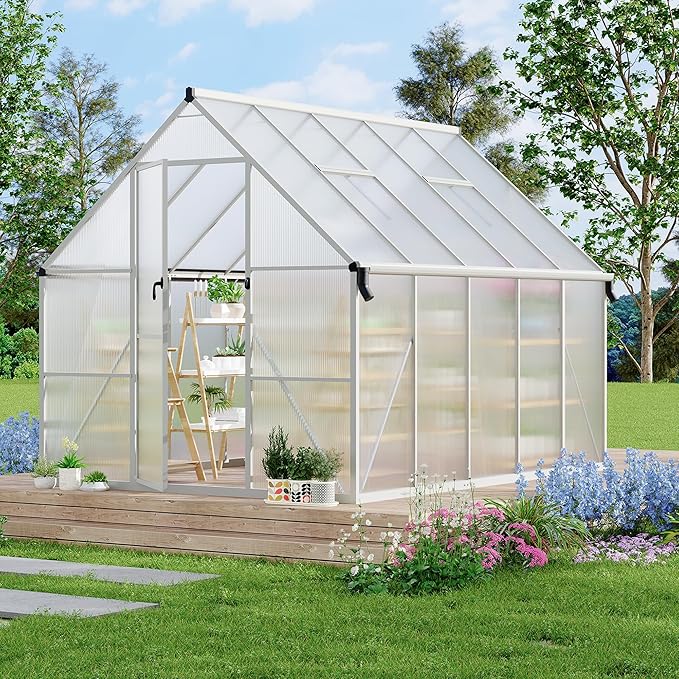 Polycarbonate Greenhouse for Outdoors, Large Walk-InGreenhouse with Quick Setup Structure and Roof Vent, Greenhouse with Ventilation