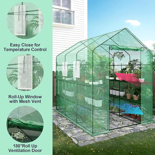 Greenhouse, 57 x 85 x 77'' Greenhouses for Outdoors, with Mesh Side Windows, PE Cover, 8 Shelves, Heavy Duty Walk in Green House for Backyard Garden Indoor, White& Green Outside