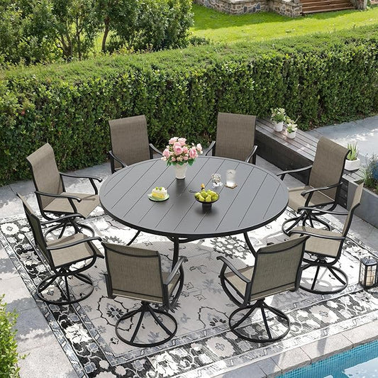 DIFY 60" Round Patio Dining Table for 8-10, Outdoor Metal Dining Table with 1.57" Umbrella Hole for Backyard Lawn Garden, Black
