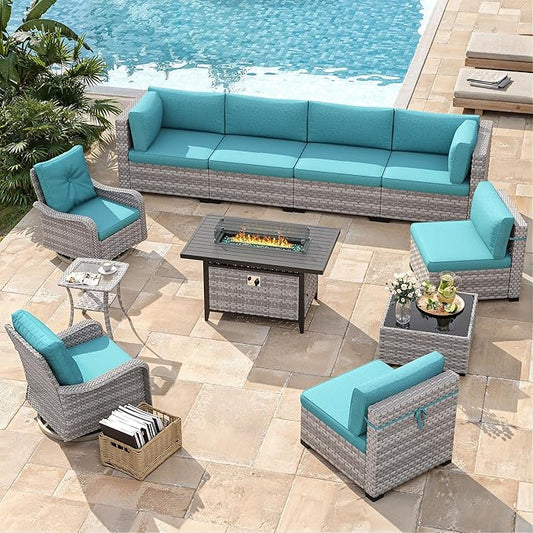 8-Seat Outdoor Wicker Patio Furniture Set with Fire Pit Table, Modular Rattan Sectional Sofa & 2 Swivel Rocking Chairs, 4" Thick Cushions, Rust-Resistant Frame,Blue