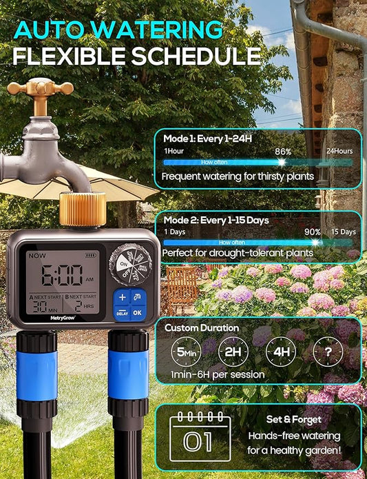 Sprinkler Timer, Programmable Irrigation Water Timer with 2 Brass Inlet for Garden Hose, Automatic Watering System for Yard Lawn, Rain Delay