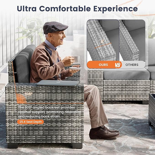 UDPATIO Patio Furniture Set with Fire Pit Table, 8 Inch Armrest Outdoor Sectional Sofa, 9 Piece Wicker Outdoor Furniture Conversation Sets with Waterproof Cover for Backyard Deck(Grey/Dark Grey)
