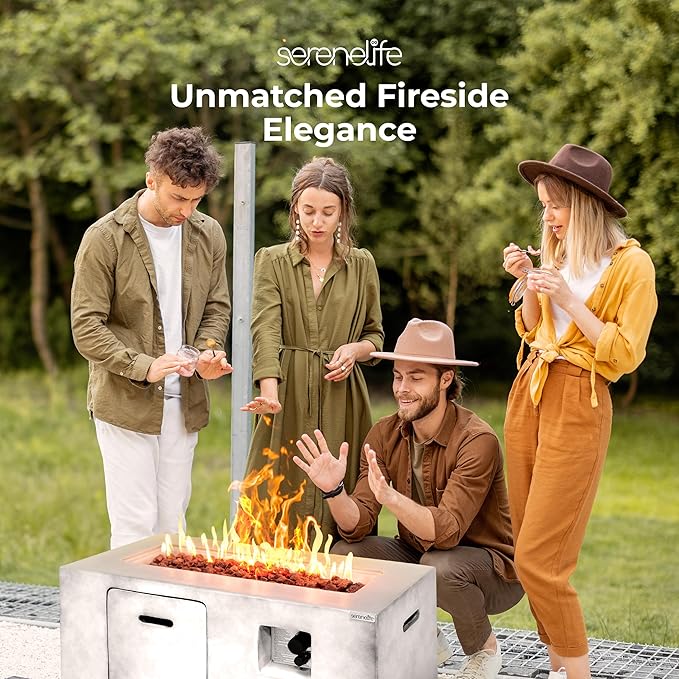 SereneLife Outdoor Propane Fire Pit Table - Square Gas Firepit with 50,000 BTU Heat, Stainless Steel Burner, Flame Control, Weather-Resistant Design, and PVC Cover for Patio or Backyard, 42"x20"x24"