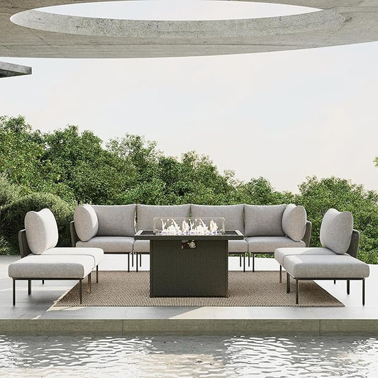 9 Piece Modern Outdoor Rope Wicker Sectional Patio L-Shaped Conversation Sofa Set Deep Seating with Fire Pit Table