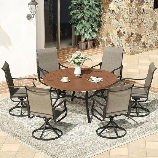VICLLAX Round Patio Dining Table, 6-8 Person Metal Outdoor Dining Table with Umbrella Hole and Storage Shelf for Garden Lawn Deck, 53" Walnut