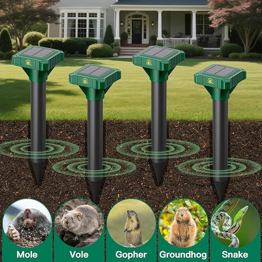 4 Pack Mole Repellent Solar Powered, IP65 Waterproof Gopher Chipmunk Repeller Outdoor, Groundhog Snake Repellent for Yard, Sonic Mole and Vole Deterrent Spikes, Effective Lawn and Garden Protection