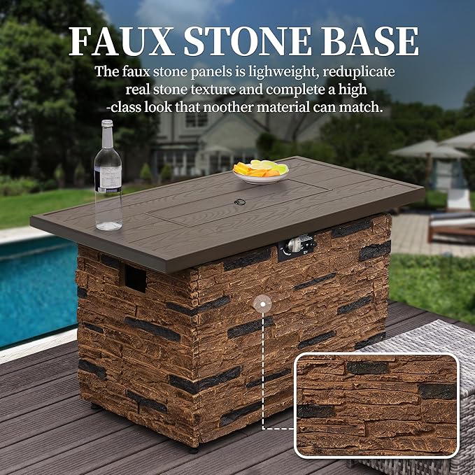 PIZZELLO 43โ Propane Fire Pit Table Outdoor Rectangular Stone Firepit Table 50,000 Btu Propane Fire Tables for Outside Patio with Glass Wind Guard, Lid, Fire Glass Beads,Brown Rock Look
