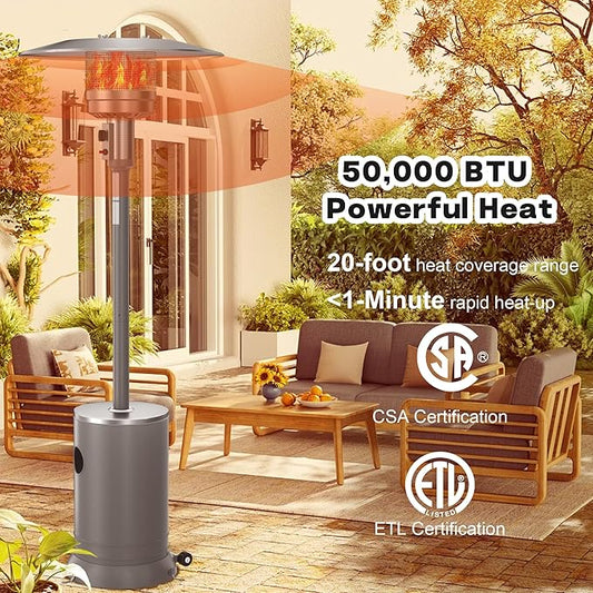 50,000 BTU Propane Patio Heater, Double-Layer Stainless Steel Burner, Round Table Design with Wheels, Outdoor Space Heater for Garden, Patio & Residential Use, Grey