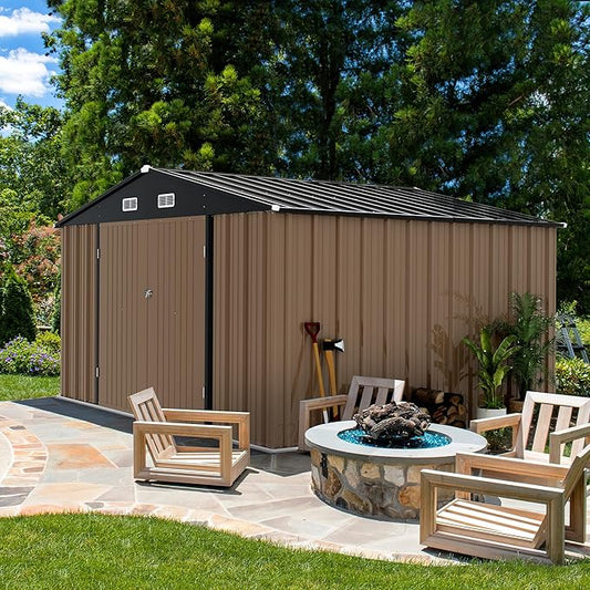 Devoko 8 x 10 FT Outdoor Storage Shed, Metal Garden Sheds & Outdoor Storage Clearance, Large Tool Shed Outdoor with Single Lockable Door for Patio Lawn Backyard (Brown)