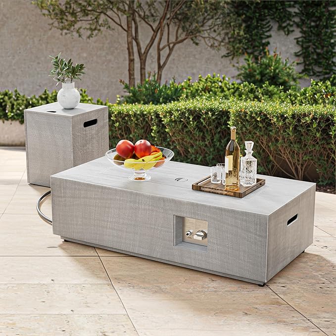 42" Rectangular Propane Fire Pit table, 50,000 BTU Fireplace Table with Wind Guard Glass, Lid, Rocks and Cover, Outdoor Fire Pit for Deck or Patio, Fogata para Patio (Light Grey, 42" Standard)