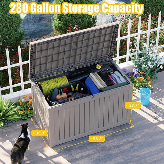 Deck Box - 280 Gallon Large Outdoor Storage box,Waterproof Patio Furniture and Storage Deck - Lockable and UV Resistant, Perfect for Pool and Outdoor Use, Weatherproof Resin, Lockable (Light Brown)