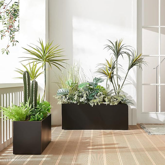 Wallowa Metallic Heavy Long and Large Outdoor/Indoor Planter, Rectangular Trough Planter Box, 38”Lx15”Wx15”H, 40Pounds, Black with Hand Brushed Gold Edge, No Assemble and Seamless