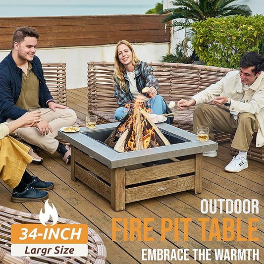 Firepits for Outside,Wood Burning Fire Pit with Wood-Grain Side Panels,Firepit for Outside with Mesh Cover & Fire Poker,Square Modern Outdoor Fireplace Fire Table. (Countryside)
