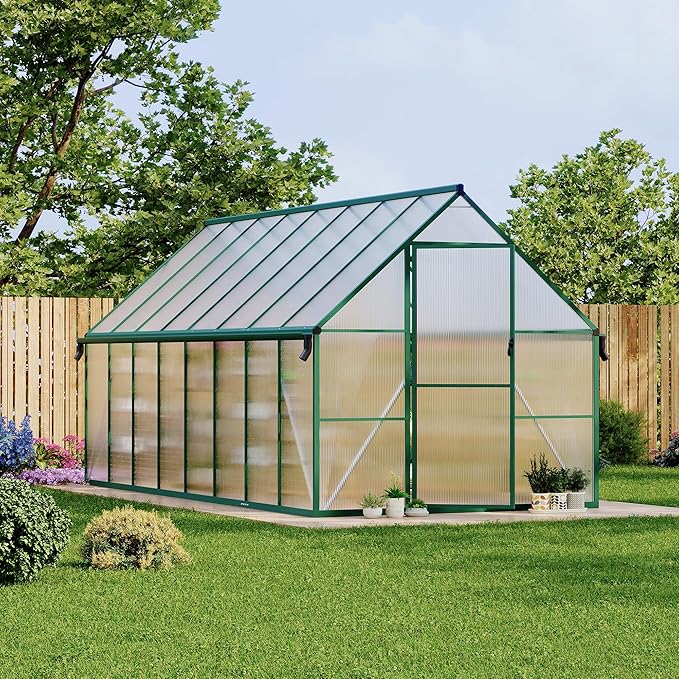Polycarbonate Greenhouse for Outdoors, Large Walk-InGreenhouse with Quick Setup Structure and Roof Vent, Greenhouse with Ventilation
