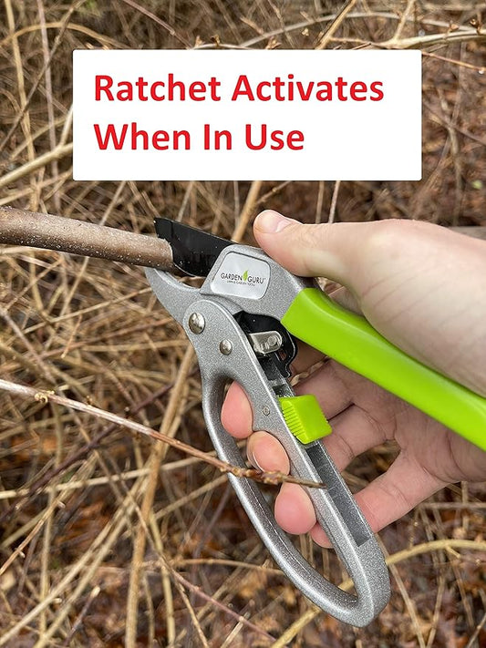 Garden Guru Ratchet Hand Pruning Shears - Professional Garden Clippers with Ergonomic Grip - Makes Tough Cuts Easy (2 Pack)