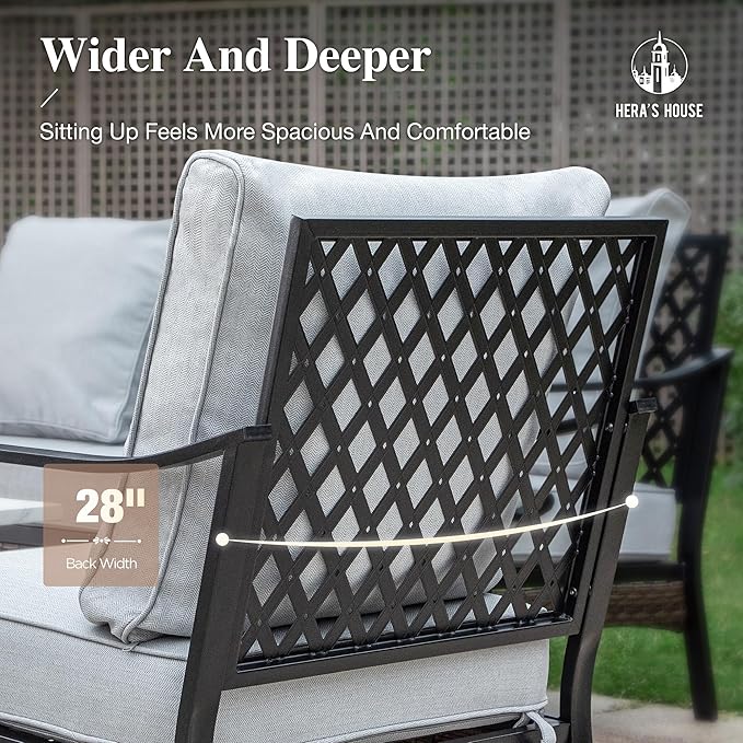 HERA'S HOUSE 6 Piece Metal Patio Furniture Set with 56" Fire Pit Table, All Weather Outdoor Conversation Set, 3 Seat Sofa, 4 Fixed Chairs with Cushions, Seats 7 for Backyard, Garden, Deck, Light Grey