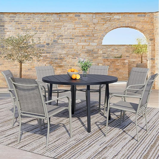 7 Pieces Patio Dining Set for 6, Grey Patio Stackable Chairs and Black Round Table Set of 6, Outdoor Furniture Set with Sling Support for Outside, Garden
