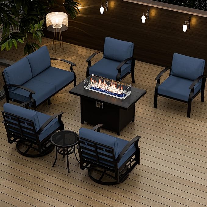 Aluminum Patio Furniture Set with Fire Pit Table, 6 Seats Outdoor Patio Conversation Sets with Swivel Chair Modern Metal Patio Sectional Sofa with Upgrade Cushions for Patio, Backyard Navy