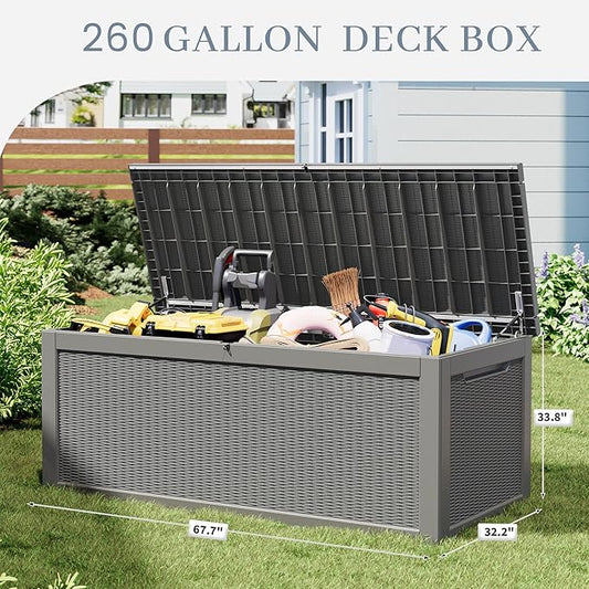 260 Gallon Resin Deck Boxes Waterproof and UV Resistant Outdoor Storage Box Lockable Lid for Delivery Box, Indoor, Garden Tools, Pool Supplies, Patio, Grey