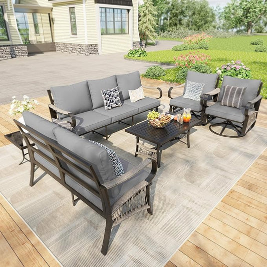 6 Pieces Patio Conversation Sets, Metal Outdoor Furniture Set Includes 3-Seater 2 Swivel Rockers with Side Table and Loveseat with Coffee Table for Backyard Garden Deck Porch Poolside, Gray