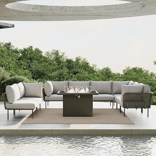 9 Piece Modern Outdoor Rope Wicker Sectional Patio L-Shaped Conversation Sofa Set Deep Seating with Fire Pit Table