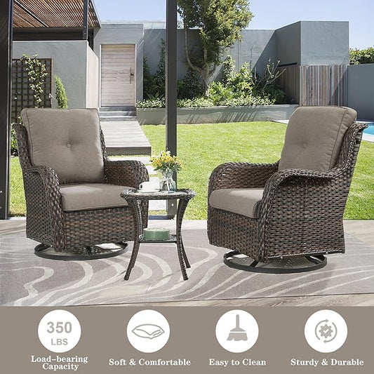 Belord Patio Furniture Set Swivel Rcoker - 3 Pieces Outdoor Glider Rocking Chairs with Small Side Table, Wicker Chair Sets for Porch, Balcony and Garden