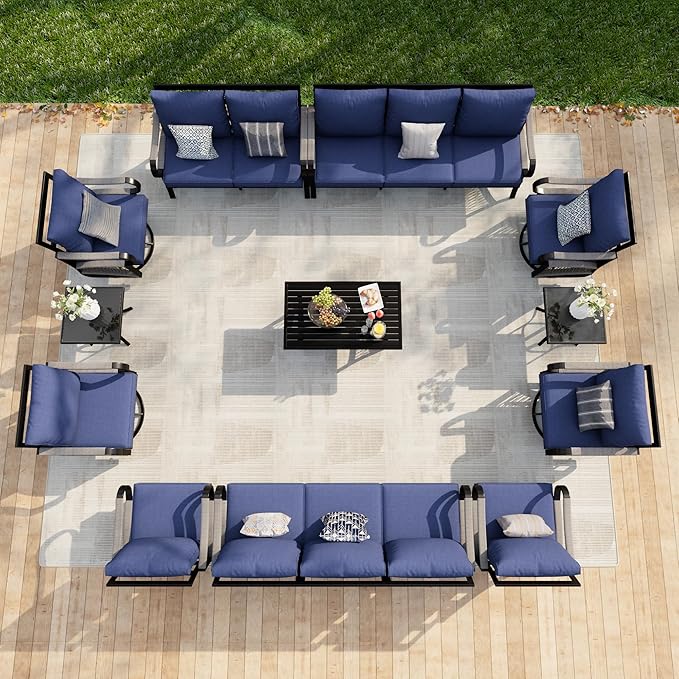 12-Piece Modern Patio Furniture Set, All Weather Metal Outdoor Conversation Sets with 5.1" Extra Thick Cushion for Backyard Garden Deck Porch Poolside, Blue