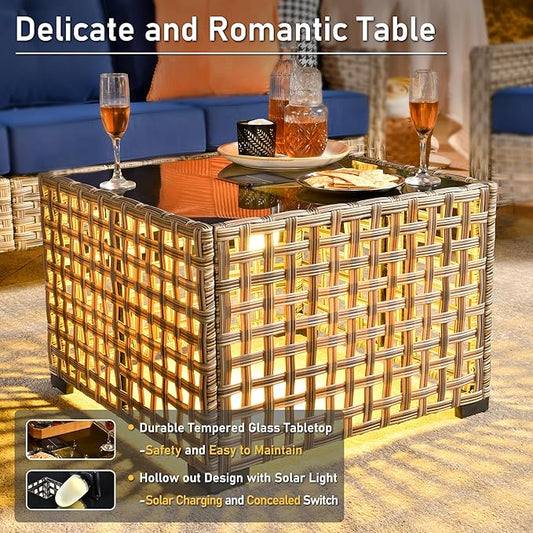 HOOOWOOO Outdoor Sectional Furniture Set,8 Pieces Wicker Patio Conversation Sets,L Shape All Weather Outside Couch Sofa Set with Swivel Chairs Solar Light Table Ottoman,Denim Blue