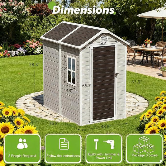 6X4 FT Resin Outdoor Storage Shed with Floor,Water Drainge Roof Plastic Sheds with Windows and Lockable Doors,Thickened Panel All-Weather Resistant Tool Storage Shed for Garden Backyard Patio, Grey