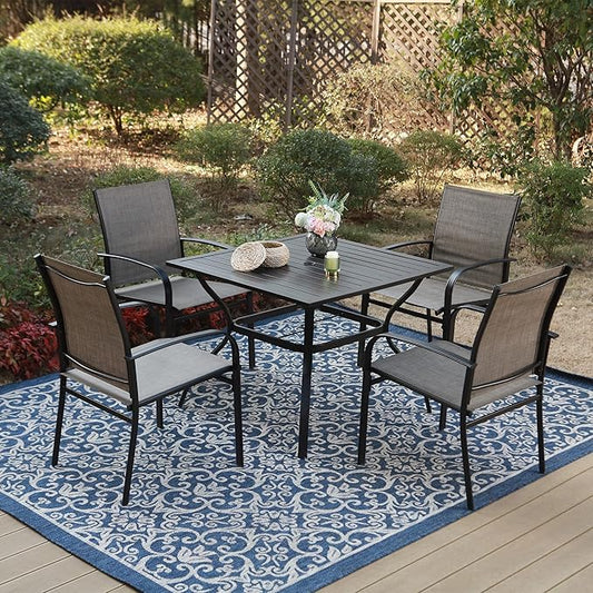 Outdoor Patio Square Dining Table, 37"x 37" Metal Slatted Tabletop with Adjustable Umbrella Hole, All Weather Wrought Iron Black Outdoor Table for Deck Lawn Garden Backyard, Black