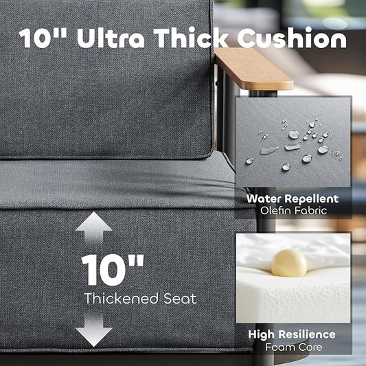 Luxury Patio Chairs with 10" Extra Thick Cushions, Outdoor Chairs with Ottomans, 4 PCS Outdoor Furniture Set for Porch, Balcony, Deck, Patio, Yard, Poolside, Black/Grey