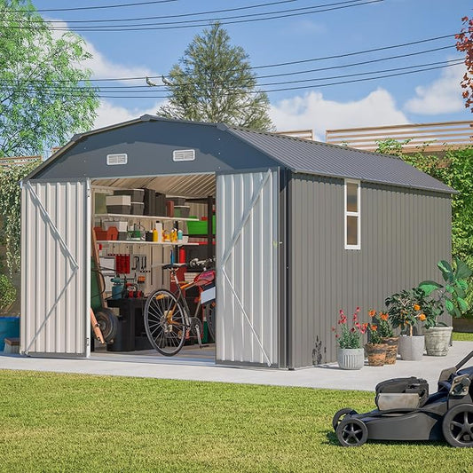 10×12 FT Outdoor Storage Shed,Heavy-Duty Metal Shed with Floor Base,All Weather Waterproof Tool Shed W/Diamond Roof & Windows,Lockable Double Door & 4 Air Vents,for Backyard,Patio,Lawn,Gray