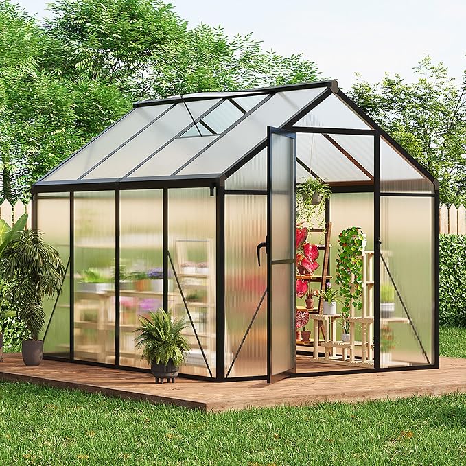 6×8 FT Greenhouse, Large Walk in Greenhouses for Outdoors and Garden Planting, Polycarbonate Greenhouse with Enhanced Aluminum Frame, Green Houses with Quick Setup Structure and Roof Vent, Black