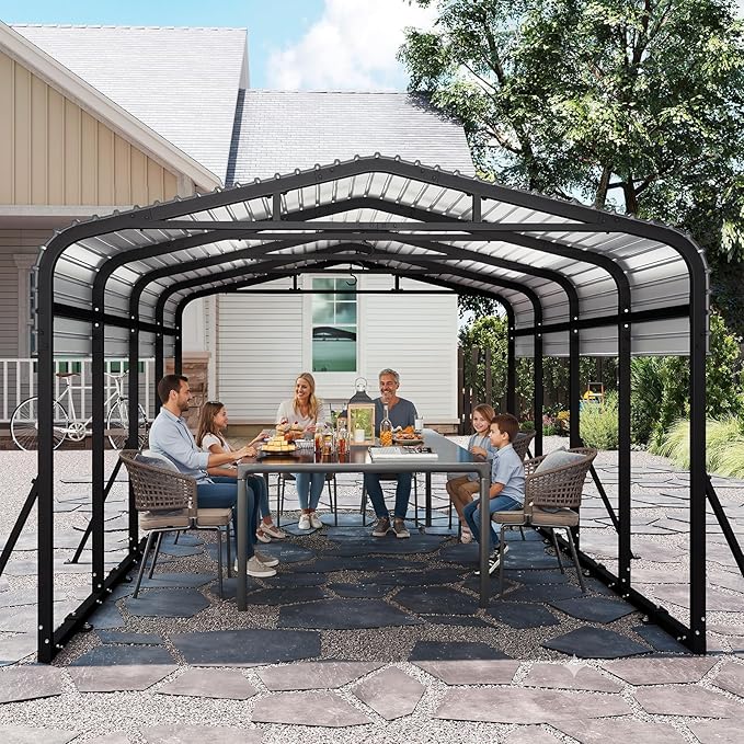 Heavy Duty Metal Carport Canopy, 12x20 FT Outdoor Car Port with Waterpoorf Metal Roof& Side Support Rods, Multi-Use Shelter Outdoor Garage for Car, Boats and Truck