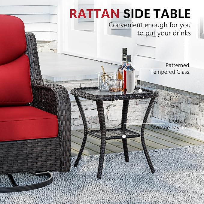 Patio Swivel Chairs Set of 2 and Side Table, Outdoor Swivel Rocker Patio Chairs with High Back and Thick Cushions, Wicker Patio Furniture Set for Porch, Deck Use (Red, 3 PCS)