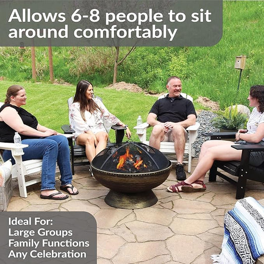 Sunnydaze 30-Inch Large Outdoor Fire Pit - Wood Burning Fire Pit for Outside with Poker and Screen - Black Finish - Regal Cauldron