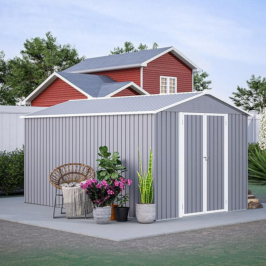 8x12 FT Outdoor Storage Shed W/Floor Frame,Metal Shed W/Double Lockable Doors,Garden Tool House W/ 2 Vents & Sloped Roof,for Backyard Patio Lawn,Gray