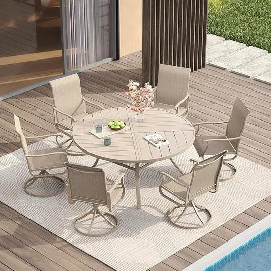 VICLLAX Round Patio Table with Adjustable Umbrella Hole for 6, All Weather Metal Outdoor Dining Table for Lawn Garden, 50" Outdoor Coffee Table, Cream Color Frame