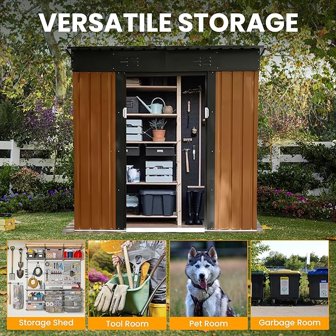 6x4 FT Outdoor Storage Shed Garden Shed Tool Shed with Lockable Door and Sloping Roof, Durable Metal Storage Shed for Backyard, Outside, Patio, Coffee