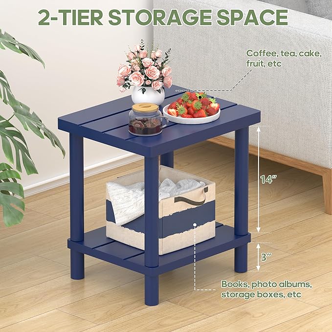 LEJANEOYE Outdoor Side Table, 2-Tier Small Outdoor Table for Patio, Adirondack Side Tables for Outside or Indoor, Bamboo End Table for Pool, Porch, Weather Resistant Easy Maintenance-Dark Blue