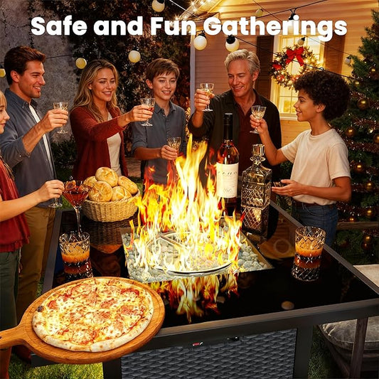 Propane Fire Pit Table, Outdoor Fire Pit Table, 28" Rattan Square Outdoor Gas FirePit with Glass Wind Guard, Tempered Glass Tabletop, Lid, CSA Listed, 50,000 BTU, Outside Patio Deck & Garden, Black